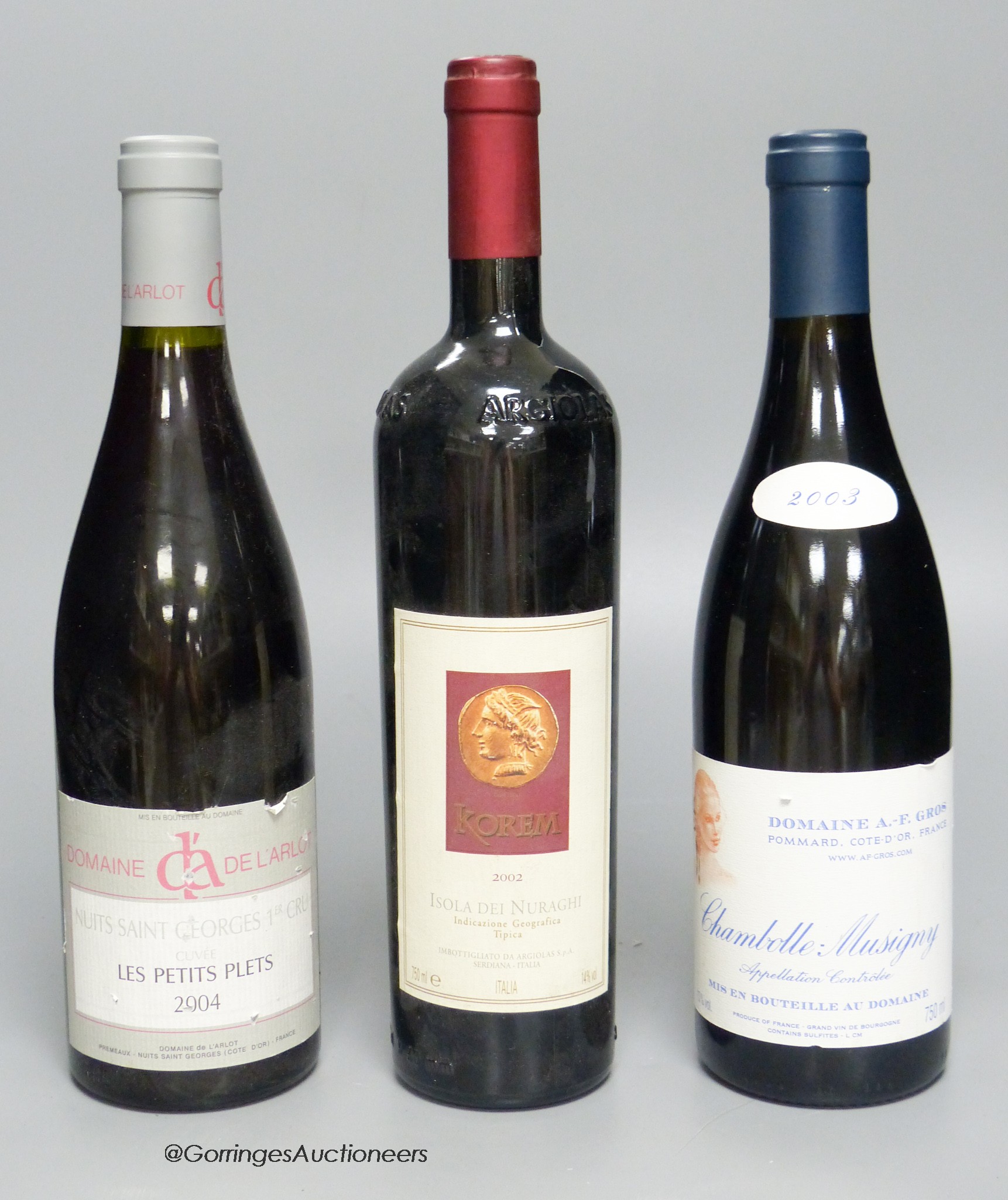 Eleven bottles of Chambolle Musigny 2003, four bottles Nuit Saint Georges, 2003 and two bottles of Isola dei Nuraghi, 2002